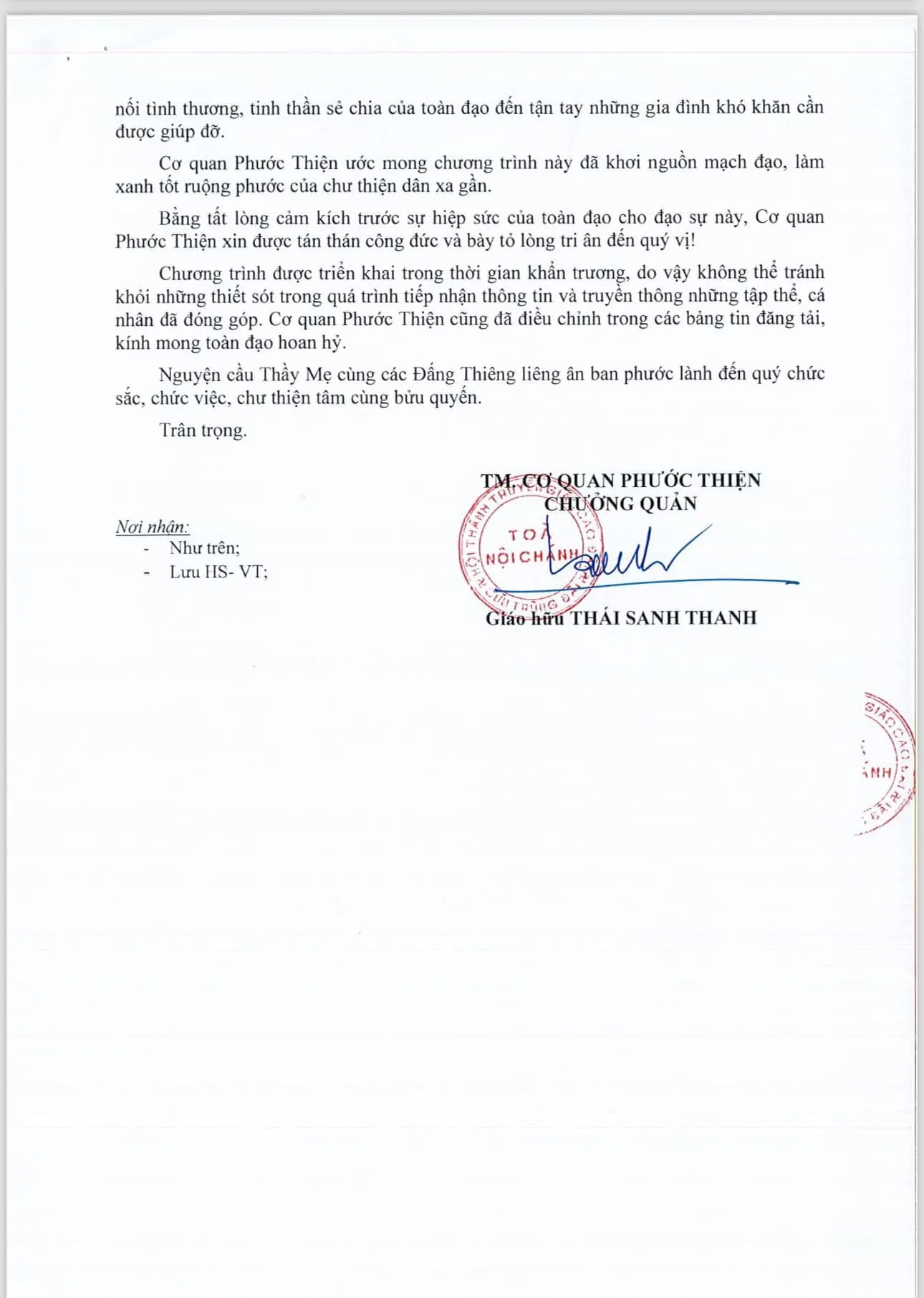Thư cảm tạ của Cơ quan Phước Thiện – ảnh 2